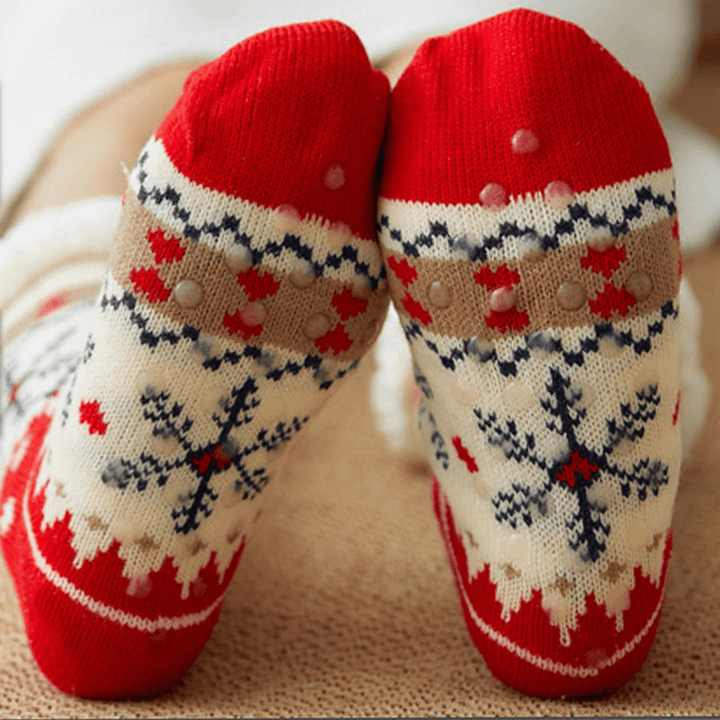 Women Warm Winter Outdoor Christmas Style Snowflake Pattern plus Velvet Thicken Home Sleep Socks Tube Socks - MRSLM