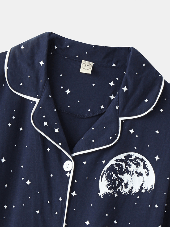 Women Allover Starry Sky Figure Print Revere Collar Cotton Cuffed Pajamas Sets - MRSLM