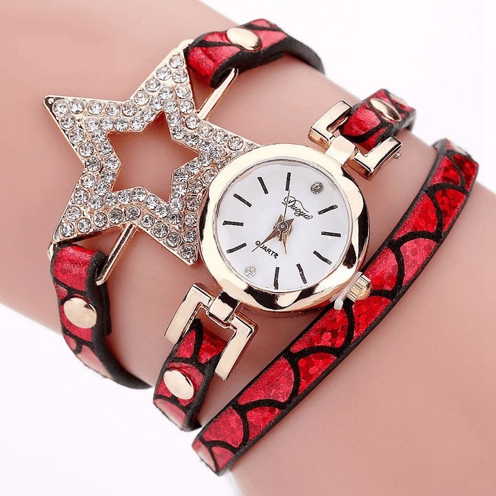 DUOYA 328 Five Pointed Star Retro Style Women Bracelet Watch Leather Band Quartz Watch - MRSLM