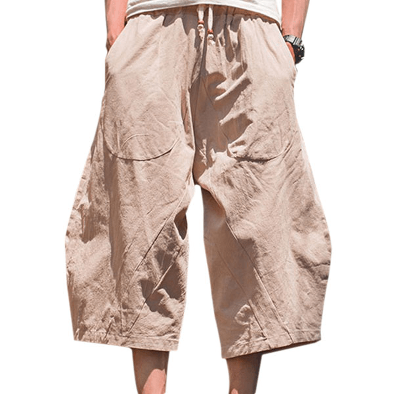 Mens Cotton Linen Loose Casual Calf-Length Harem Pants - MRSLM