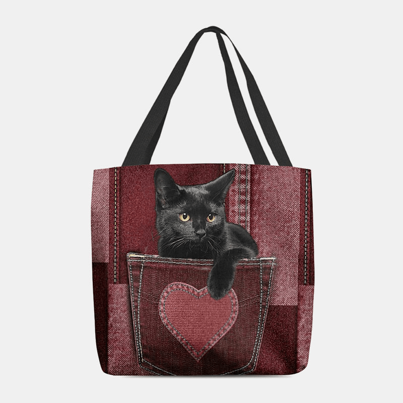 Women Felt Cute 3D Three-Dimensional Black Cat inside Jeans Pattern Shoulder Bag Handbag Tote - MRSLM