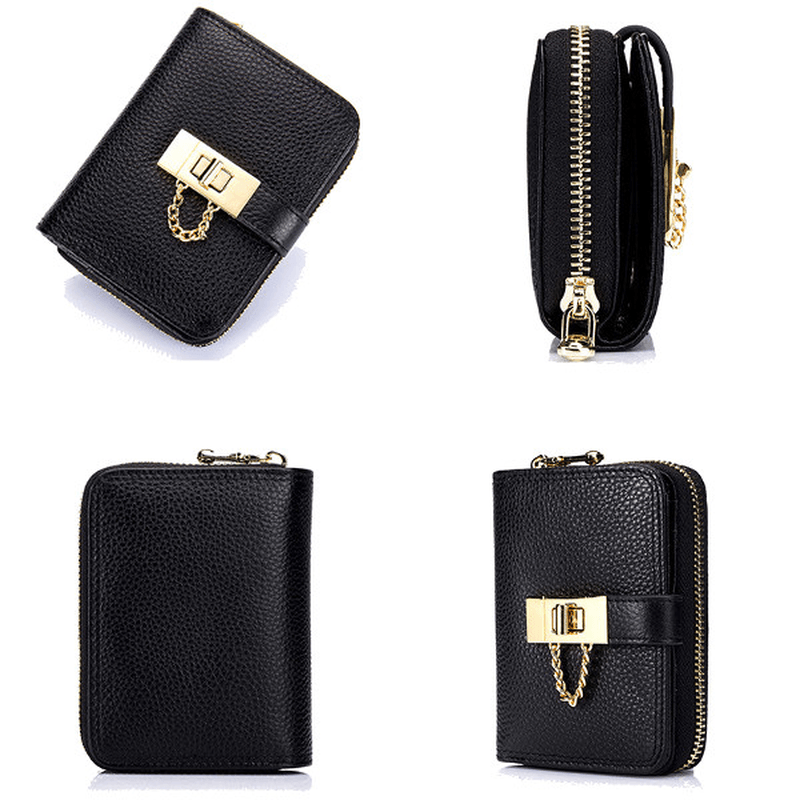 Women Genuine Leather Zipper Card Holder Chain Lock Short Purse Wallets - MRSLM