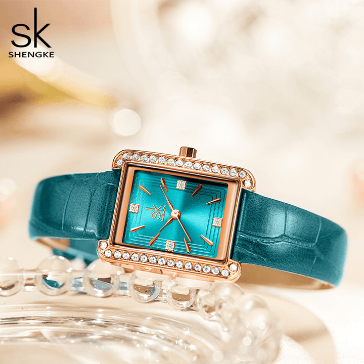 Shengke K0151 Rhinestone Decoration Rectangular Dial PU Leather/ Steel Mesh Strap 3ATM Women Quartz Watch - MRSLM