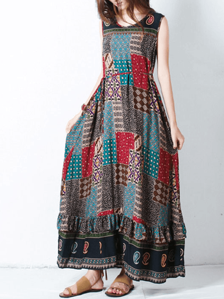 Bohemian Women Sleeveless O-Neck Printed Maxi Tank Dress - MRSLM