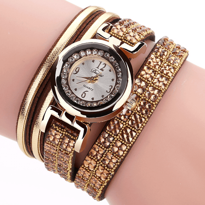 DUOYA Fashion Style Leather Band Bracelet Winding Rhinestones Dial Quartz Moement Ladies Watches - MRSLM