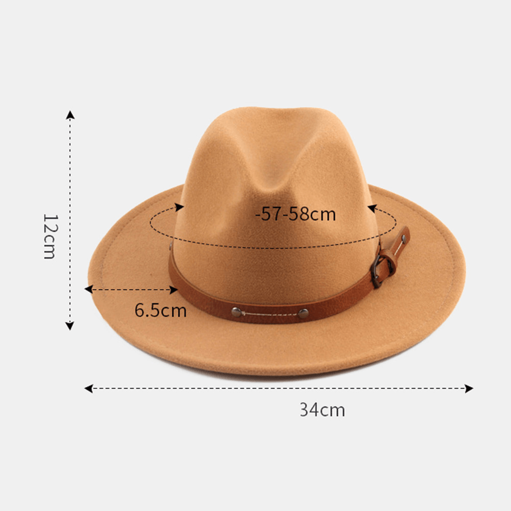 Unisex British Style Leather Belt Buckle Flat Brim Top Hat Fashion Outdoor Wide Brim Felt Hat - MRSLM