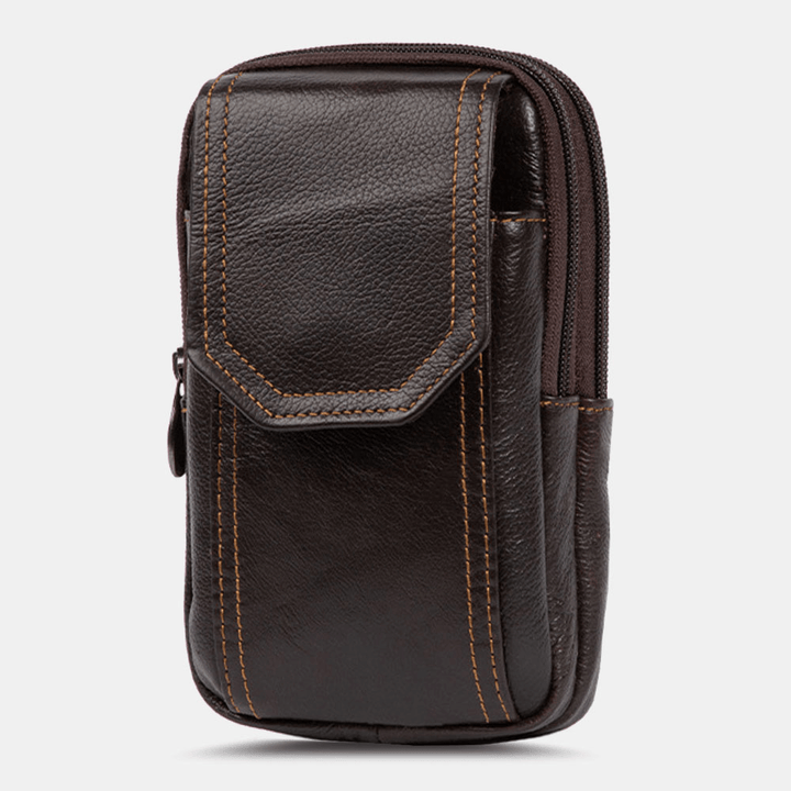 Men Genuine Leather Multifunction 6.5 Inch Phone Bag Retro Large Capacity Cigaret Case Pocket Belt Bag Waist Bag - MRSLM