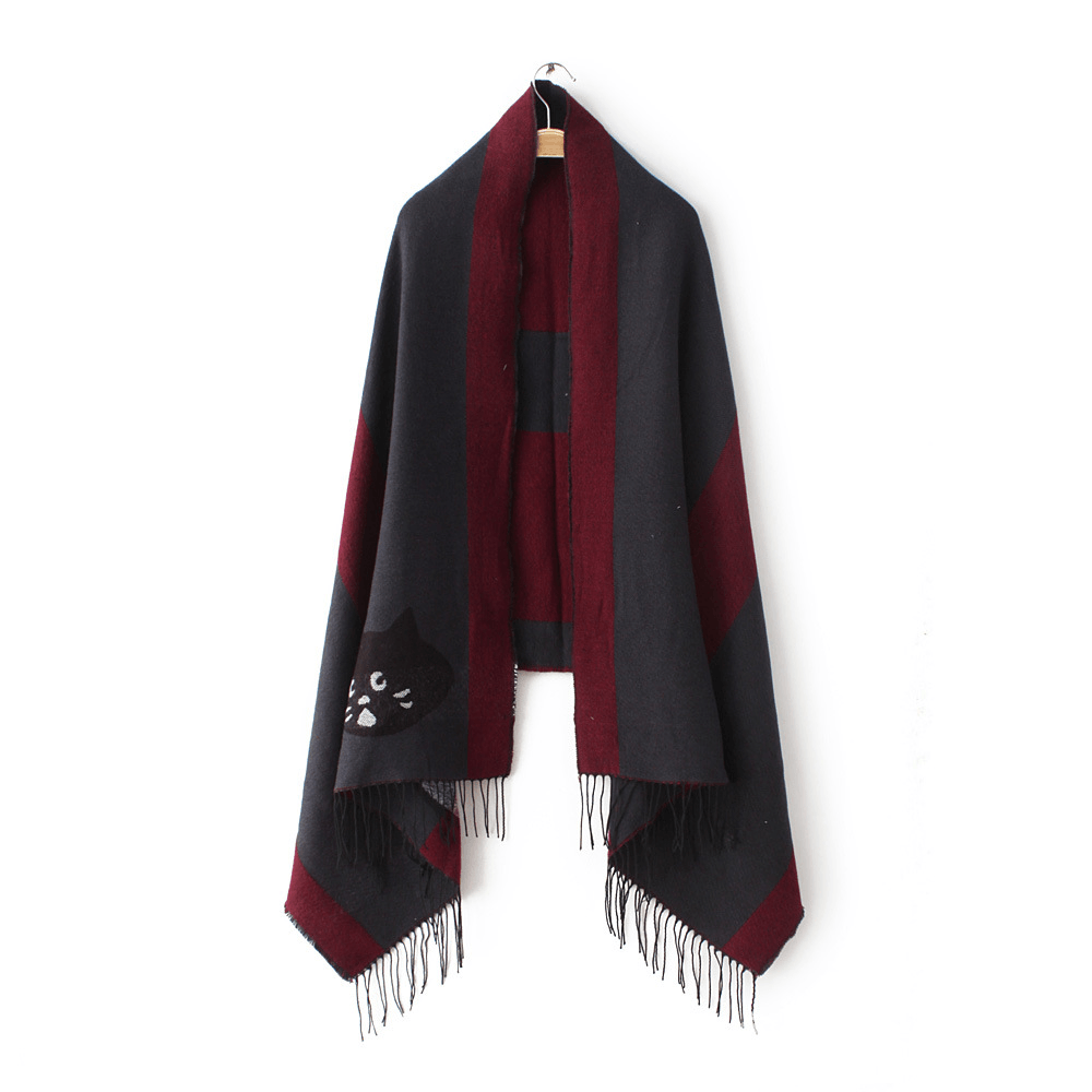 Thick Velvet Fringed Cat Pattern Scarf - MRSLM