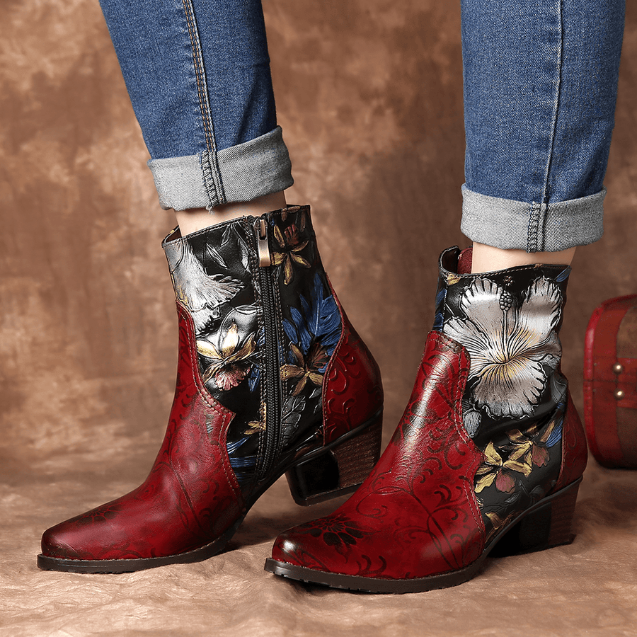 Women Retro Embossed Flowers Stitching Leather Ankle Boots - MRSLM