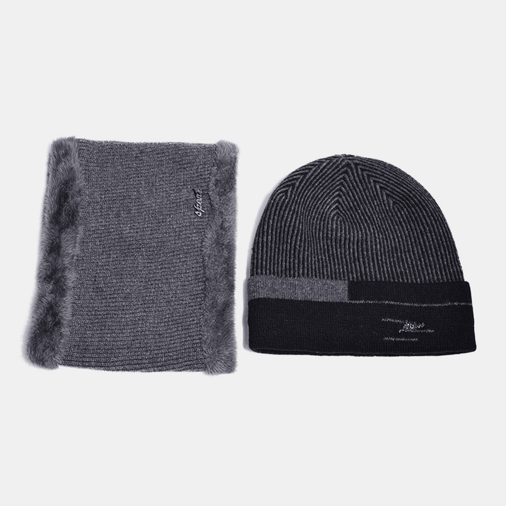 2 Pcs Men Wool Knitted Striped Letter Metal Label plus Velvet Warmth Beanie Hat Bib Scarf Set - MRSLM