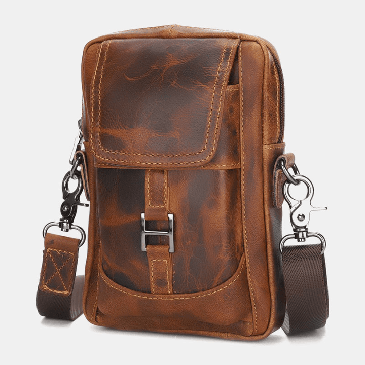 Men Genuine Leather Multifunction Lightweight Crossbody Bag Multi-Pocket Belt Bag Phone Bag - MRSLM