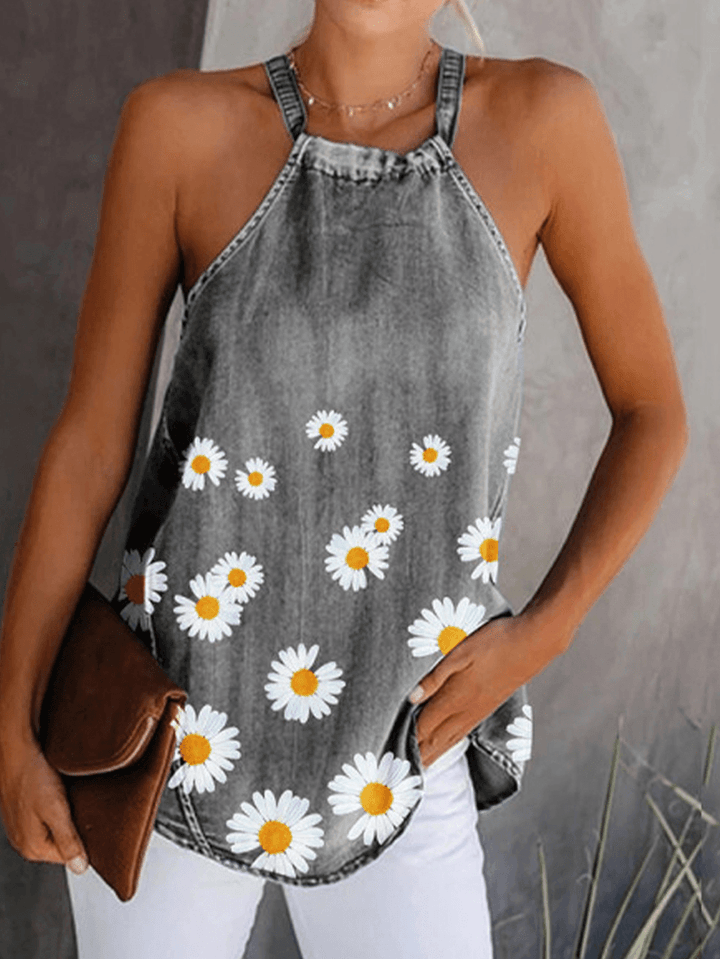 Daisy Floral Print Halter Women Casual Denim Tank Tops - MRSLM