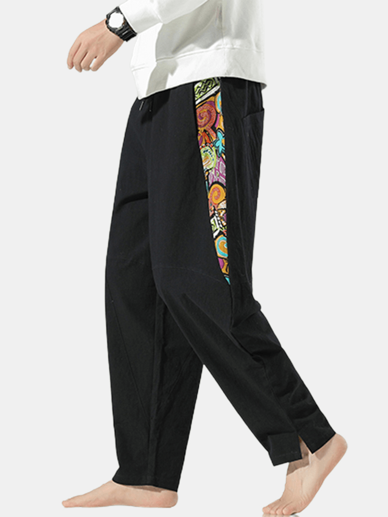 Mens National Style Print Linen Drawstring Elastic Waist Harem Pants with Pocket - MRSLM