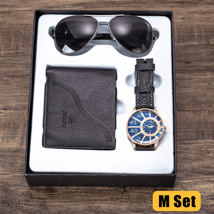 3PCS Men'S Fashion Gift Set Business Style Quartz Watch+Wallet +Sunglasses Set - MRSLM