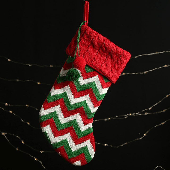 Knitted Christmas Stockings Gift Holders with Two Pom-Poms Xmas Tree Fireplace Hanging Ornaments Chrismas Decorations Sock - MRSLM