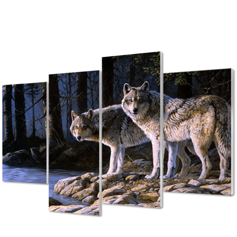 Miico Hand Painted Four Combination Decorative Paintings Two W-Olves Wall Art for Home Decoration - MRSLM