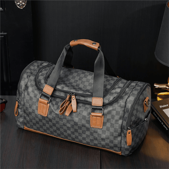 Men PU Leather Plaid Pattern Multifunction Handbag Fashion Multi-Pocket Travel Bag Fitness Bag Crossbody Bag Shoulder Bag - MRSLM