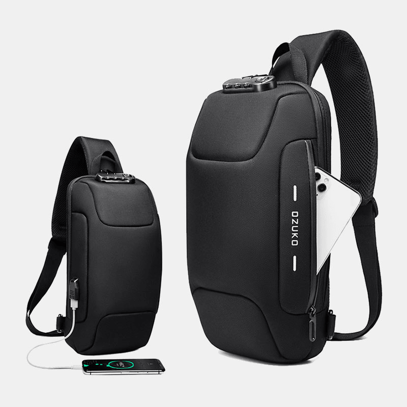 Men Oxford Password Lock Anti-Theft Waterproof Reflective Design Crossbody Bag Multi-Compartments USB Charging Chest Bag - MRSLM