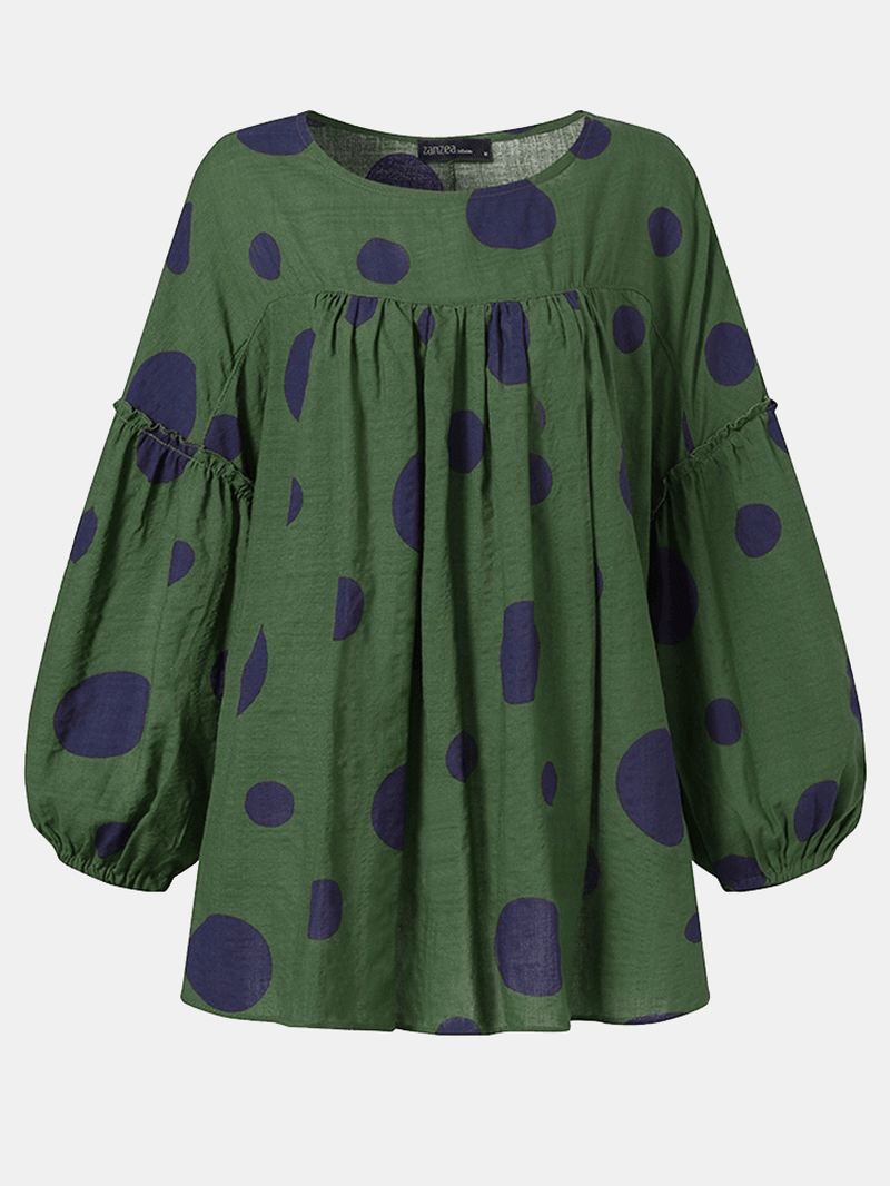 Women Vintage Polka Dot Print Puff Sleeve Loose Pleated Blouse - MRSLM