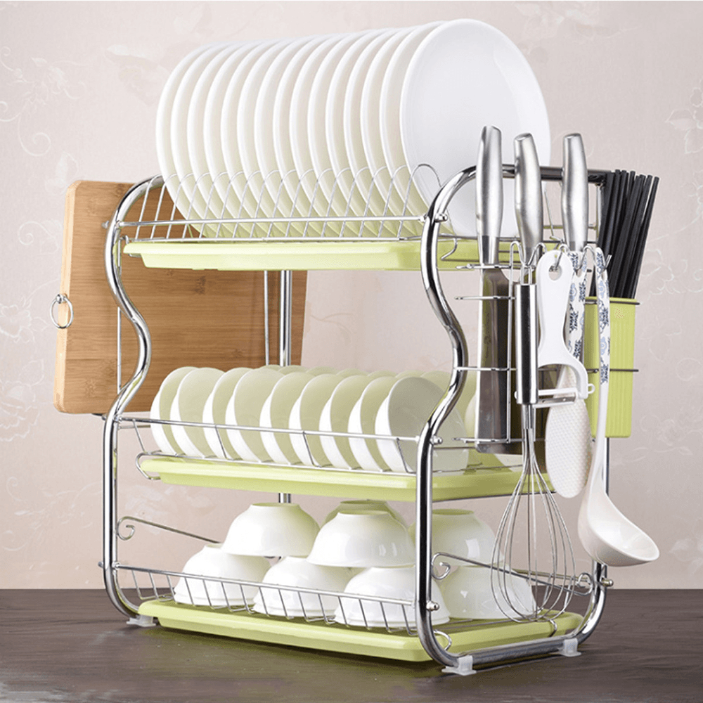 3 Tier Chrome Dish Drying Rack Drainer Cutlery Cups Holder Drip Kitchen Storage Arrangement for Dishes - MRSLM