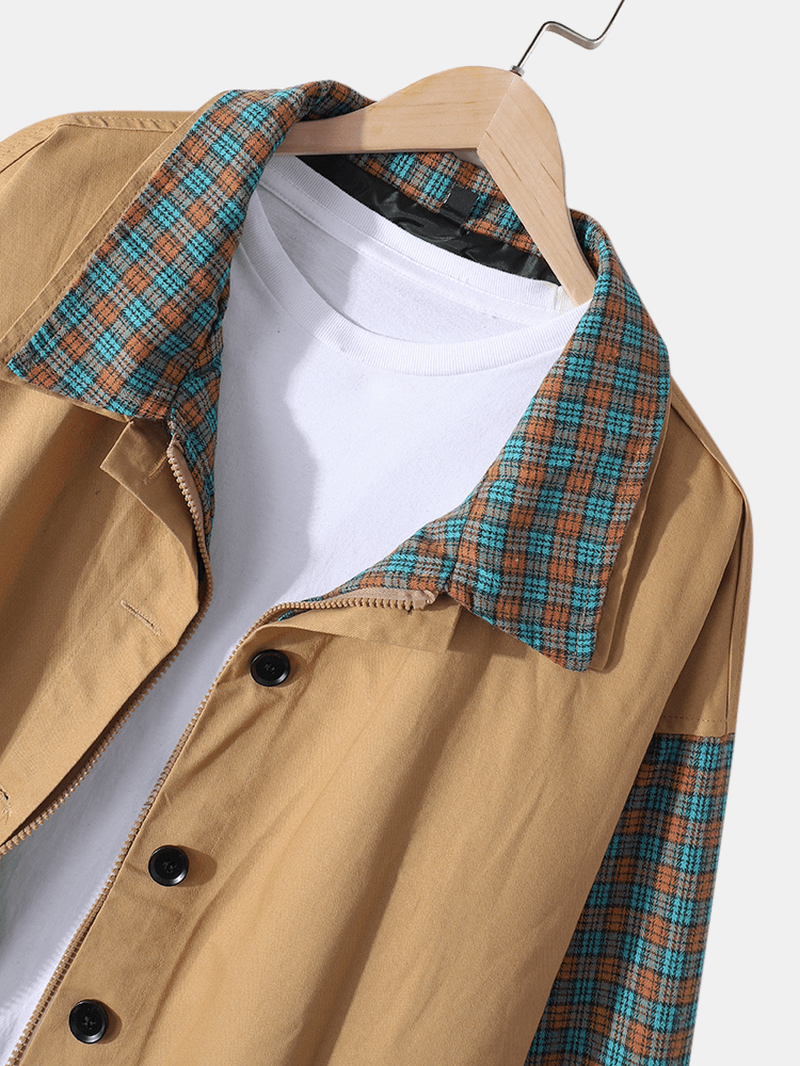 Mens Plaid Patchwork Drop Shoulder Slant Pocket Long Sleeve Jacket - MRSLM