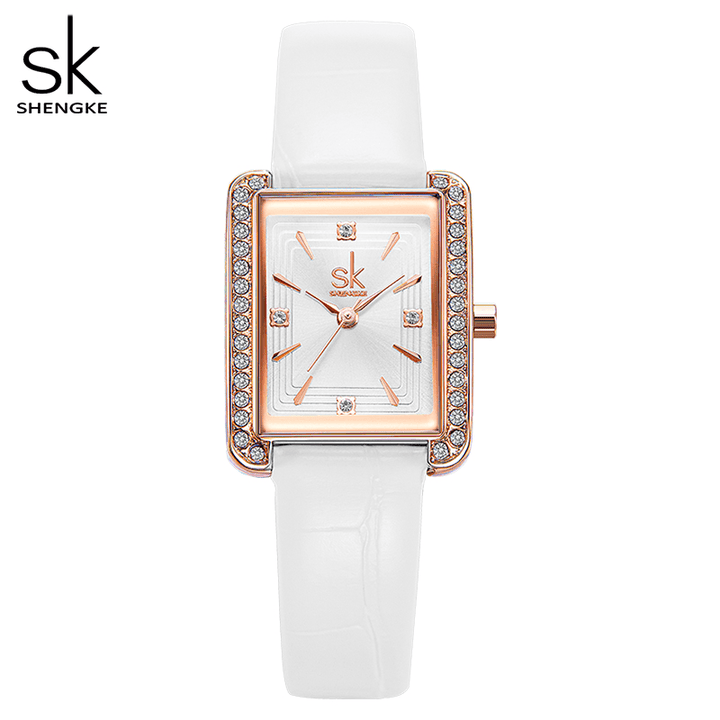 Shengke K0151 Rhinestone Decoration Rectangular Dial PU Leather/ Steel Mesh Strap 3ATM Women Quartz Watch - MRSLM