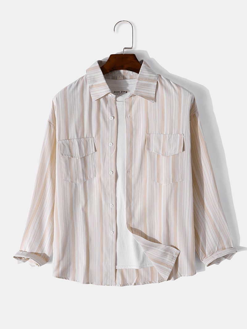 Mens Artsy Striped Turn-Down Collar Preppy Shirt - MRSLM