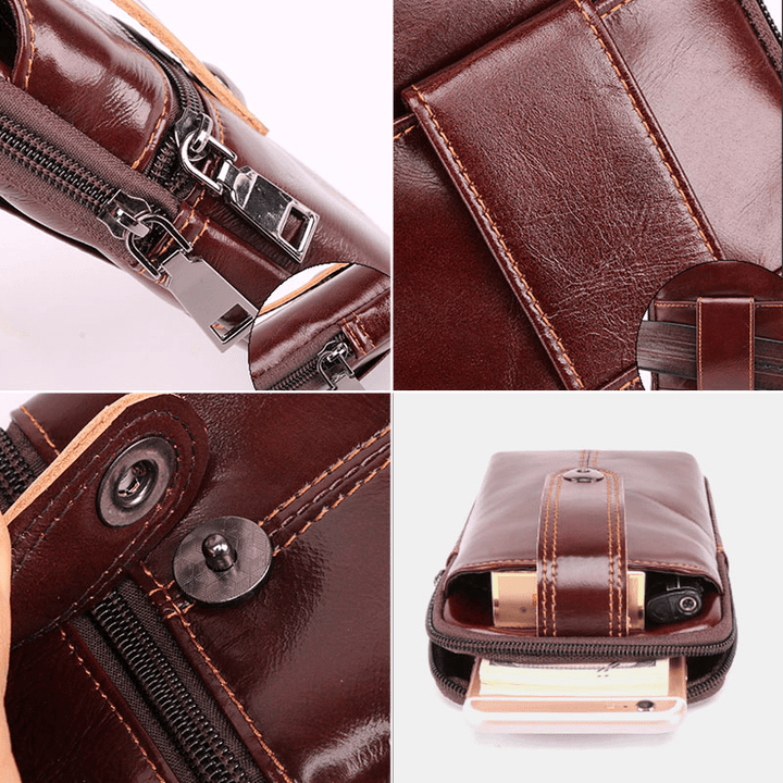 Men Genuine Leather Retro Large Capacity Waist Bag 6.5 Inch Phone Bag Belt Bag - MRSLM