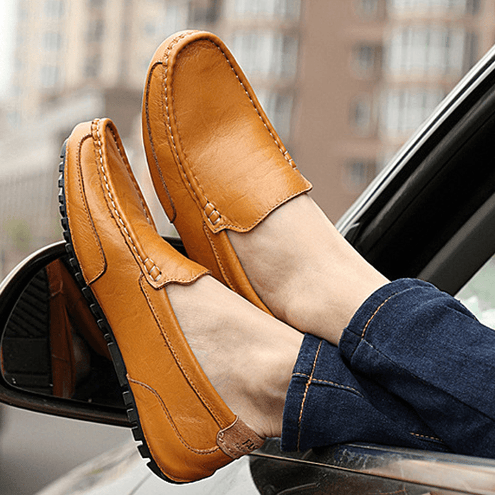 Men Leather Casual Driving Slip on Outdoor Flat Soft Comfortable Loafers Shoes - MRSLM