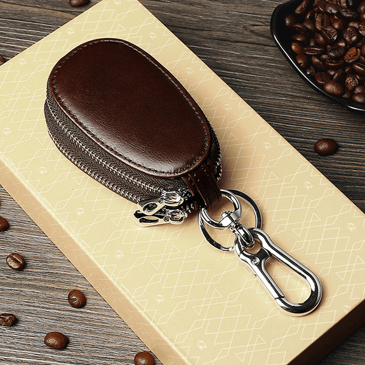 Men Genuine Leather Minimalist Wallet Double Zipper Car Key Case Key Holder - MRSLM