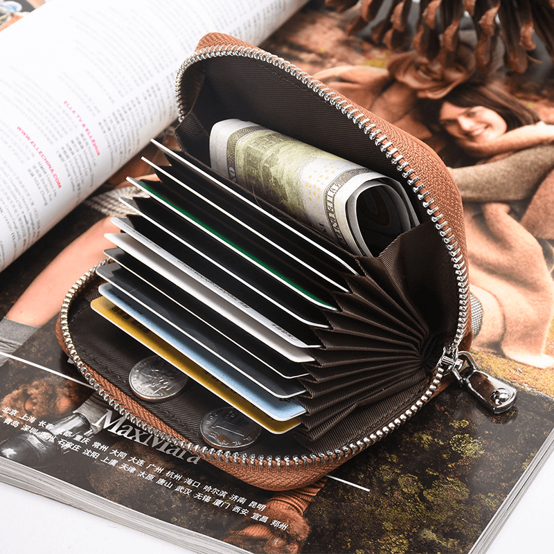 Men Genuine Leather RFID Blocking Anti-Theft Retro Organ Shape Multi-Slot Card Bag Wallet - MRSLM