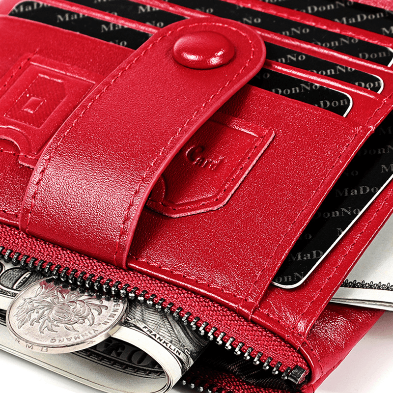 Men Genuine Leather RFID Double Zipper Retro Business Casual Style Multi-Pocket Solid Color Wallet with Chain - MRSLM