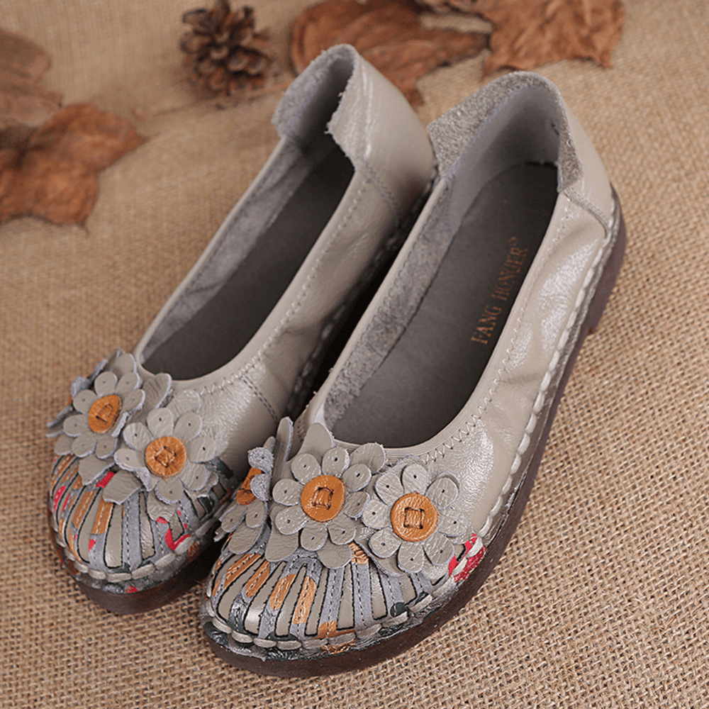 Women Retro Flowers Decor Handmade Stitching Non Slp Soft Sole Loafers - MRSLM