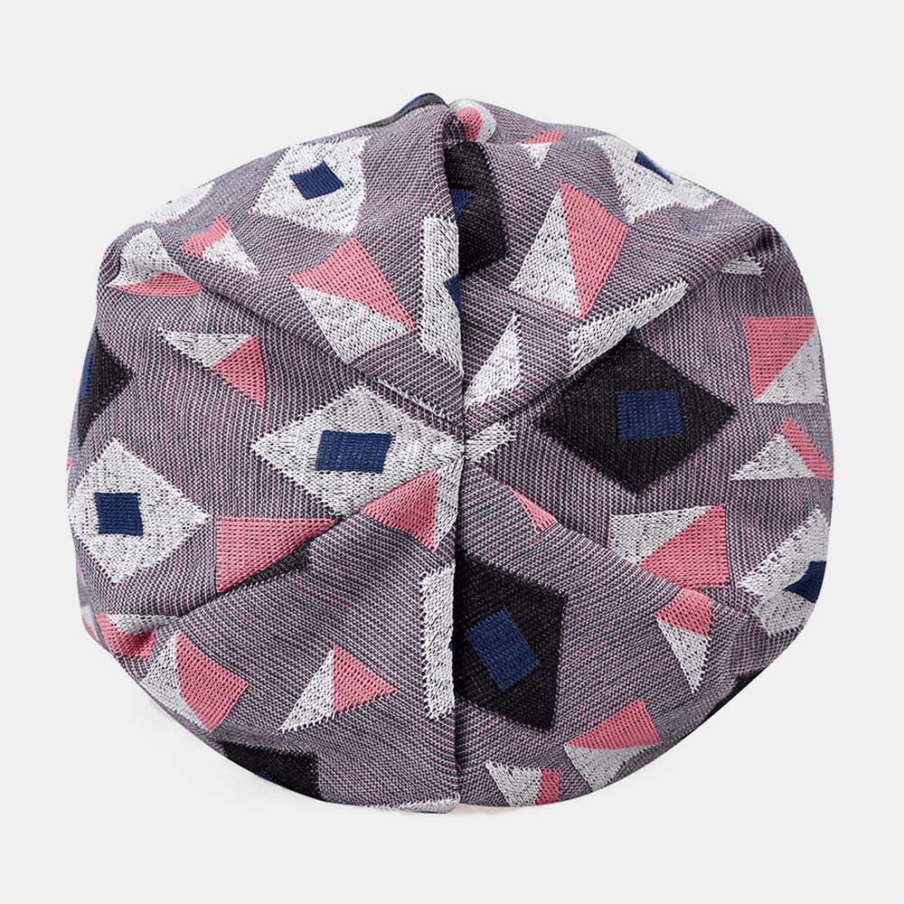 Women Polyester Cotton Geometric Pattern Jacquard plus Velvet Warmth Capped Beanie Hat Baotou Hat - MRSLM