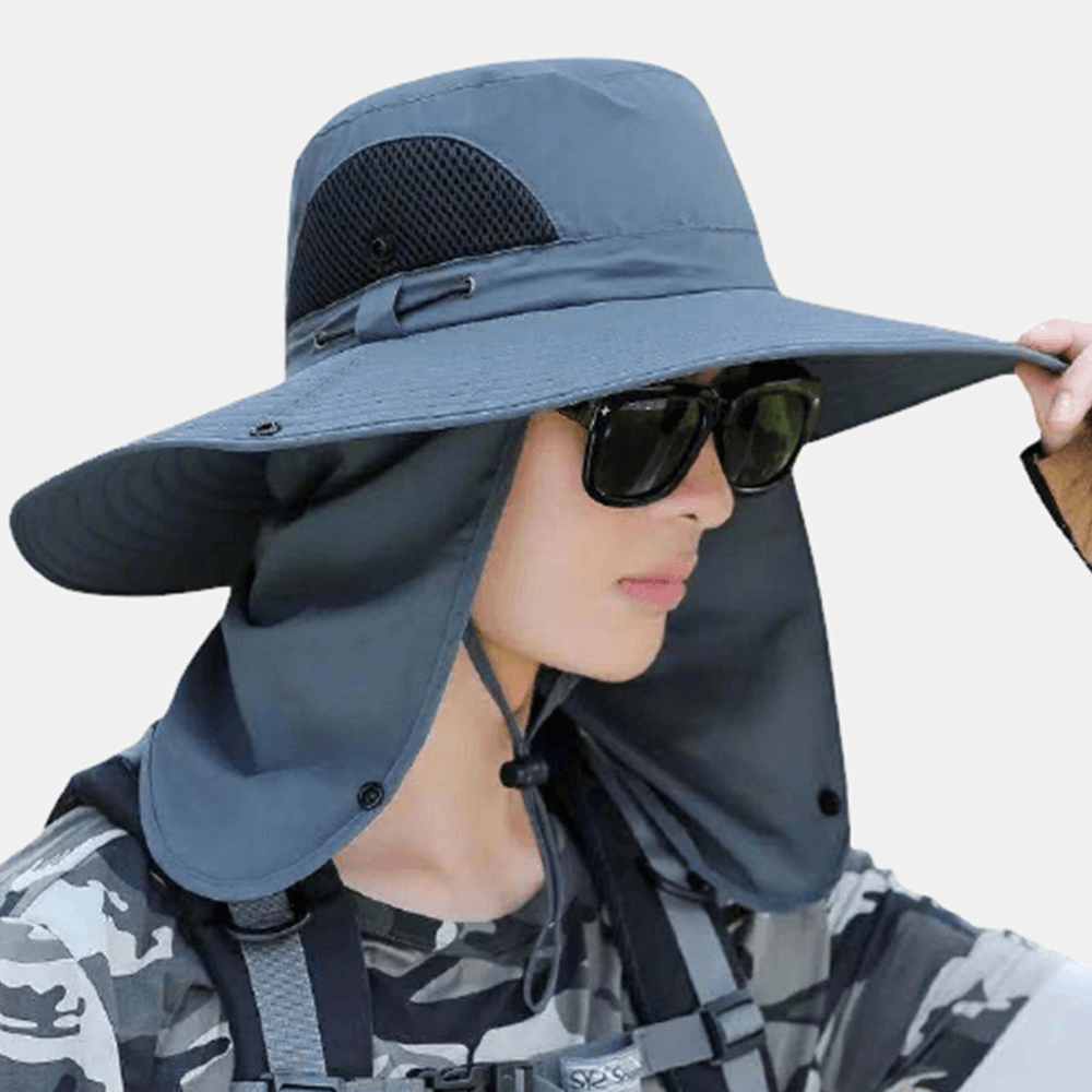 Unisex Big Brim Dual-Use Windproof Rope Mask Curtain Cover Face Summer Outdoor Fishing 360 Degree Sunshade Bucket Hat - MRSLM