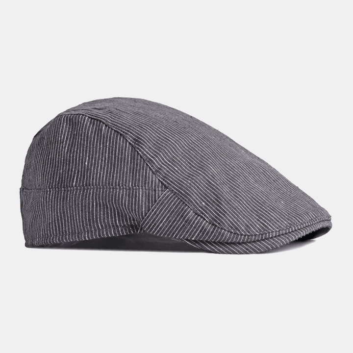 Men Cotton Linen Pinstripe Beret Cap British Retro Metal Label Adjustable Casual Flat Cap - MRSLM