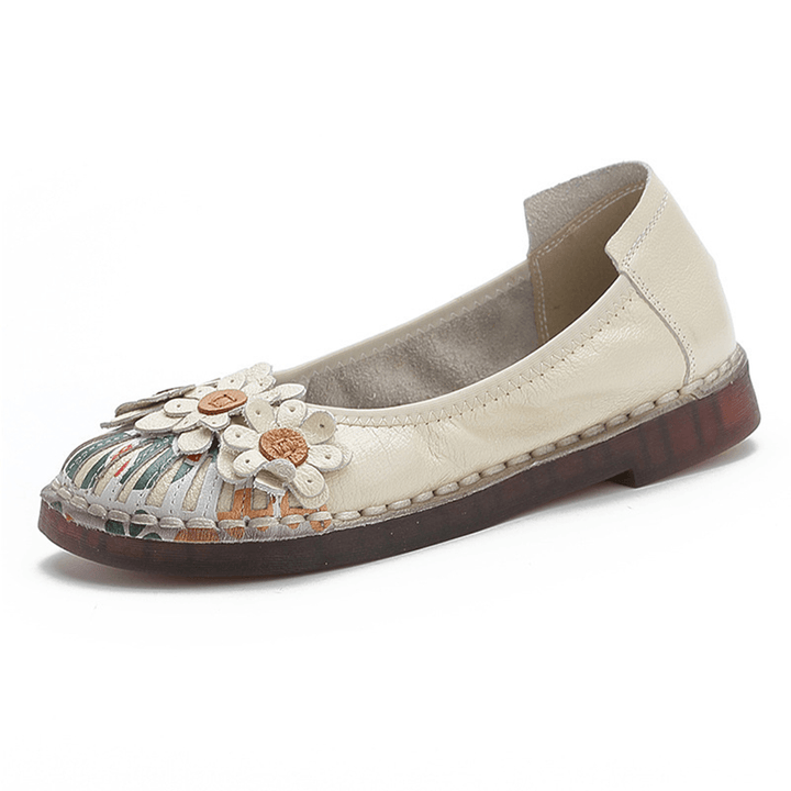 Women Retro Flowers Decor Handmade Stitching Non Slp Soft Sole Loafers - MRSLM