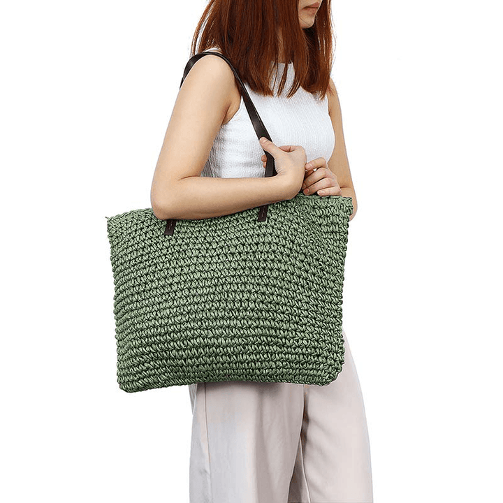 Outdoor Portable Straw Weave Handbag Tote Beach Bag Pack Pouch Shoulder Bag - MRSLM