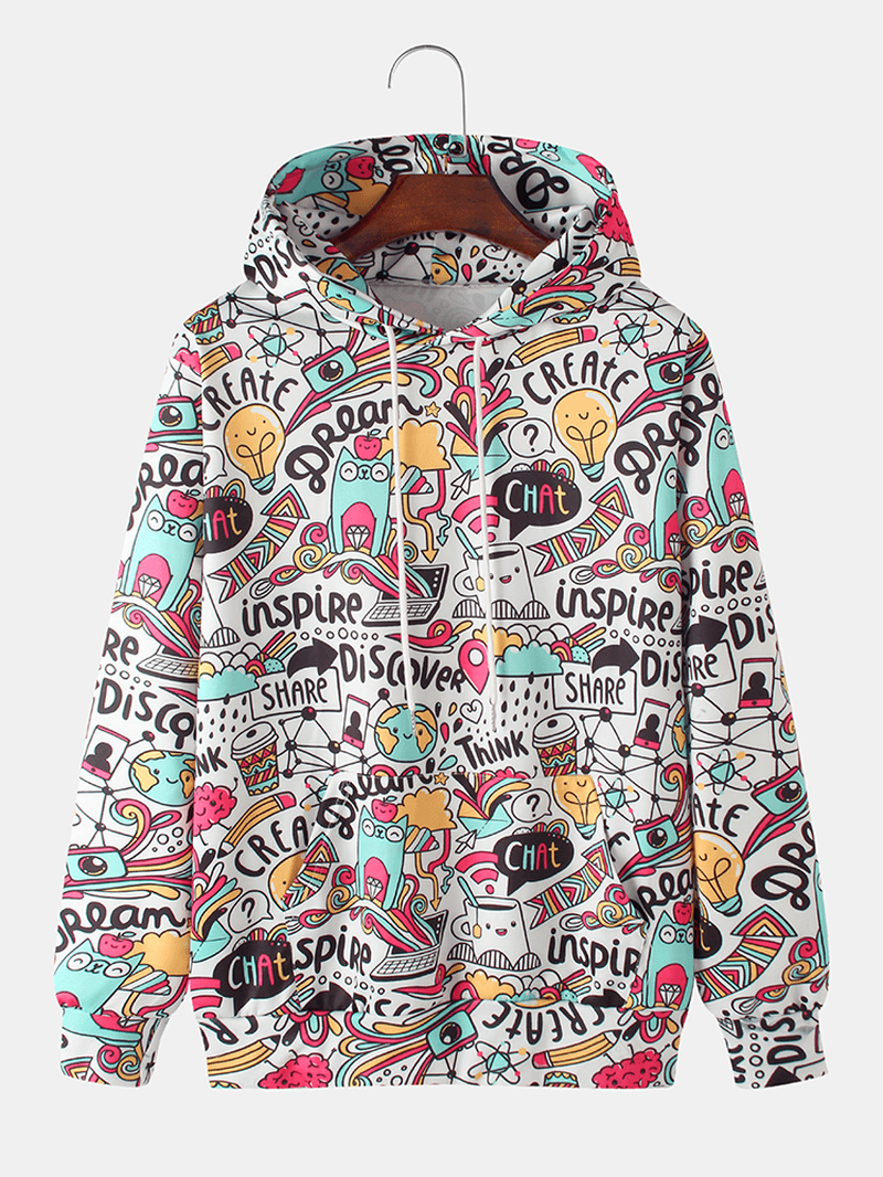 Mens Cute Cartoon Print Long Sleeve Kangaroo Pocket Drawstring Hoodies - MRSLM