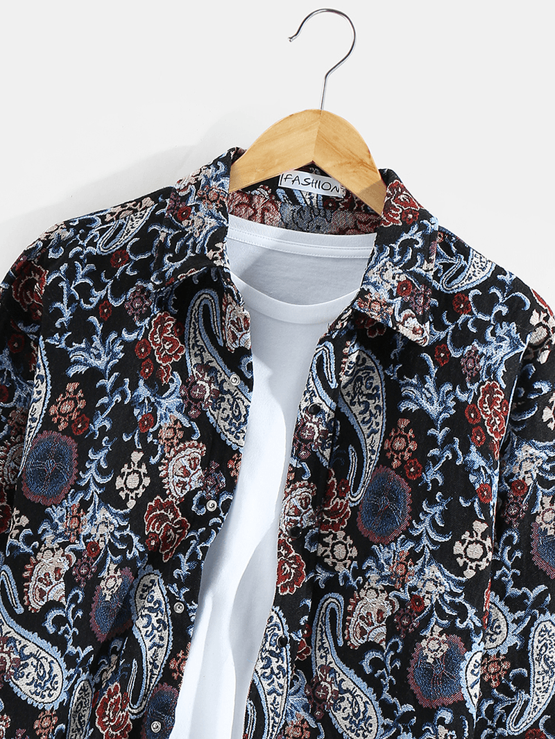 Mens Paisley Pattern Button up Lapel Ethnic Style Shirt Jacket - MRSLM