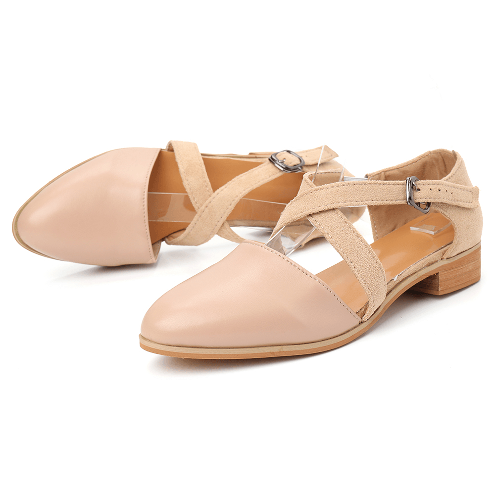 Women Cross Belt Buckle Pointed Toe Flats - MRSLM