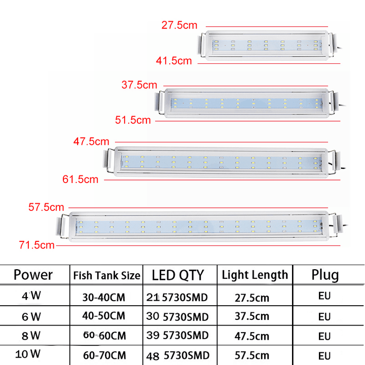 Aquarium Fish Tank EU Plug LED Light Over-Head Blue+White Lamp Plants Moon Lighting - MRSLM