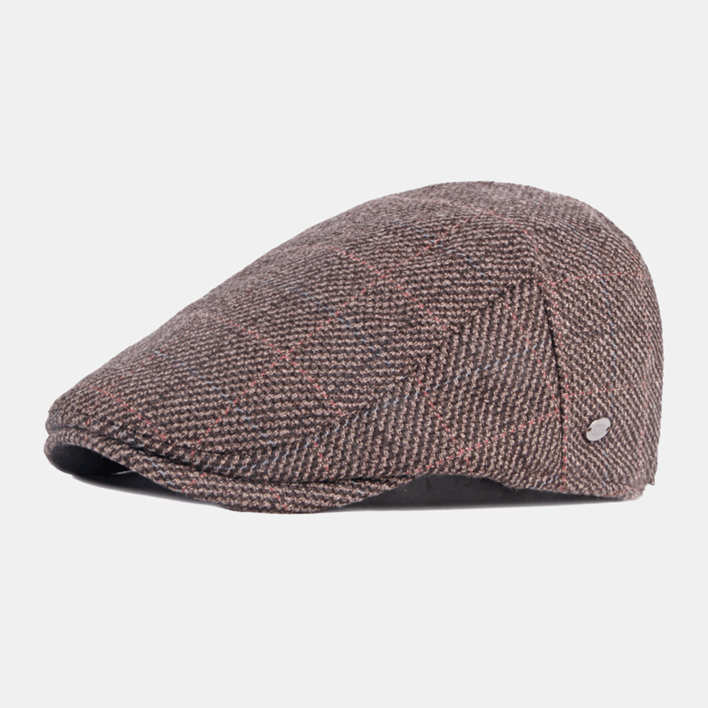 Men Cotton Colored Lattice Pattern plus Velvet Warm Berets British Retro Casual Sunshade Forward Hat Newsboy Hat - MRSLM