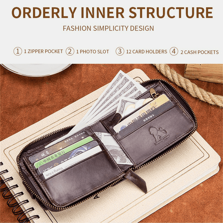 Men Genuine Leather Bifold Large Capacity RFID Anti-Theft 12 Card Slots Card Holder Coin Purse Money Clip Wallet - MRSLM