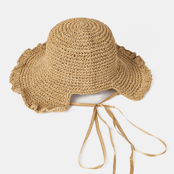 Women Fungus Edge Back Opening Bowknot Straw Hat Summer Sun Protection Bucket Hat - MRSLM