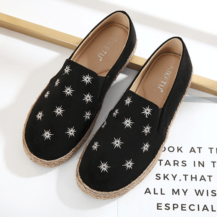 Women Casual Suede round Toe Star Embroidered Espadrilles Fisherman'S Flats Loafers - MRSLM