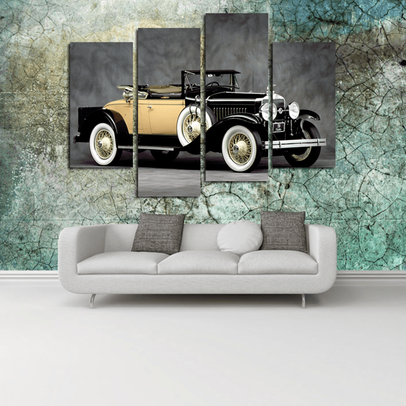 Miico Hand Painted Four Combination Decorative Paintings Retro Yellow Car Wall Art for Home Decoration - MRSLM