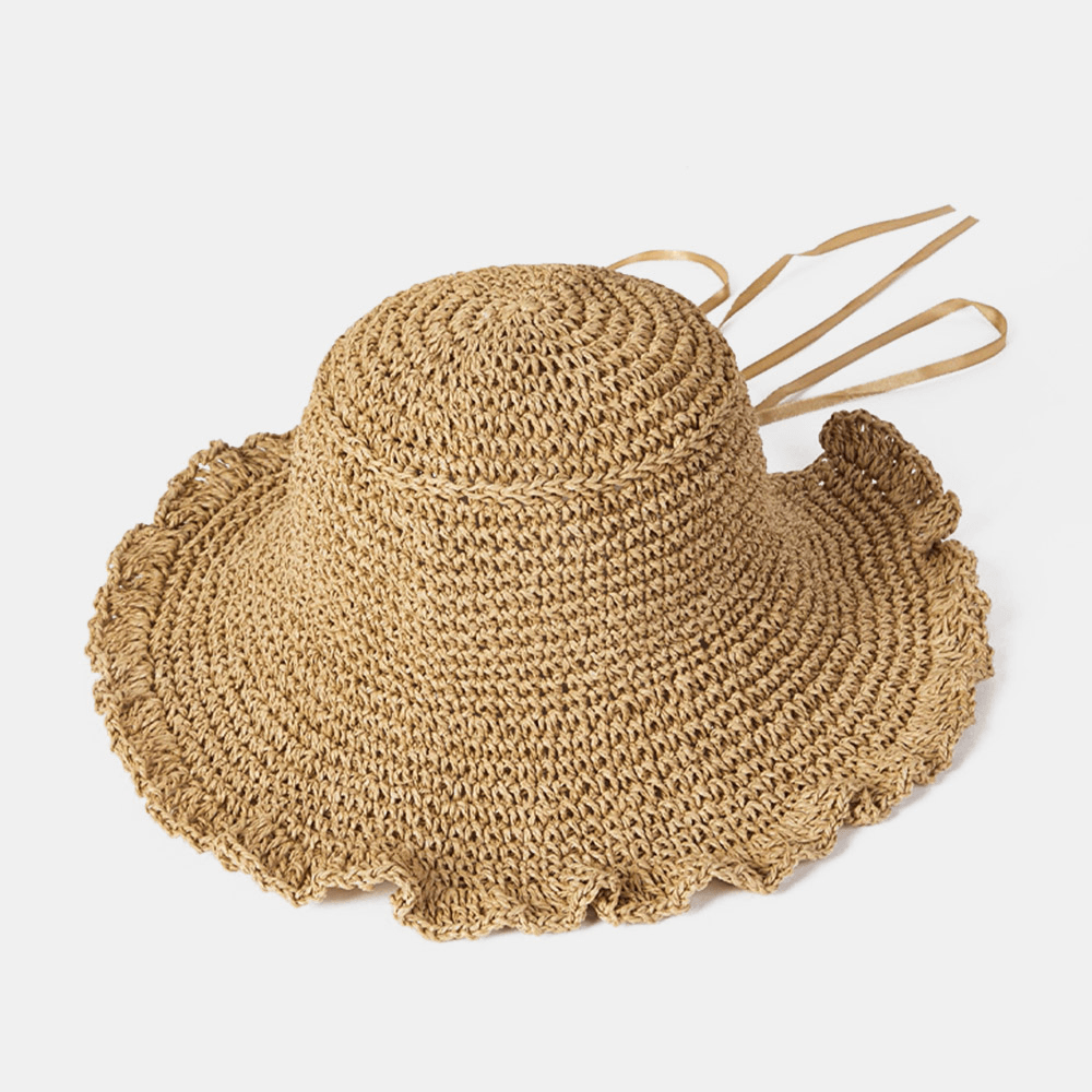 Women Fungus Edge Back Opening Bowknot Straw Hat Summer Sun Protection Bucket Hat - MRSLM