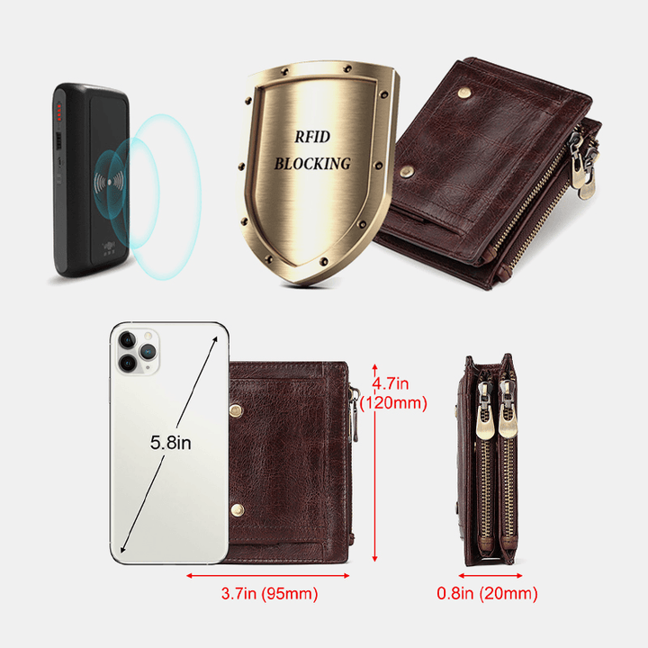 Men Genuine Leather RFID Anti-Theft Double Zipper Retro Business Multi Card Slot Leather Card Holder Wallet - MRSLM