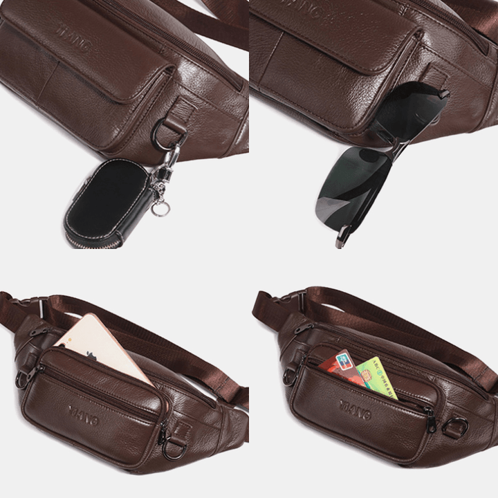 Men Genuine Leather Solid Color Multi-Carry Crossbody Bag Chest Bag Belt Bag Waist Bag - MRSLM